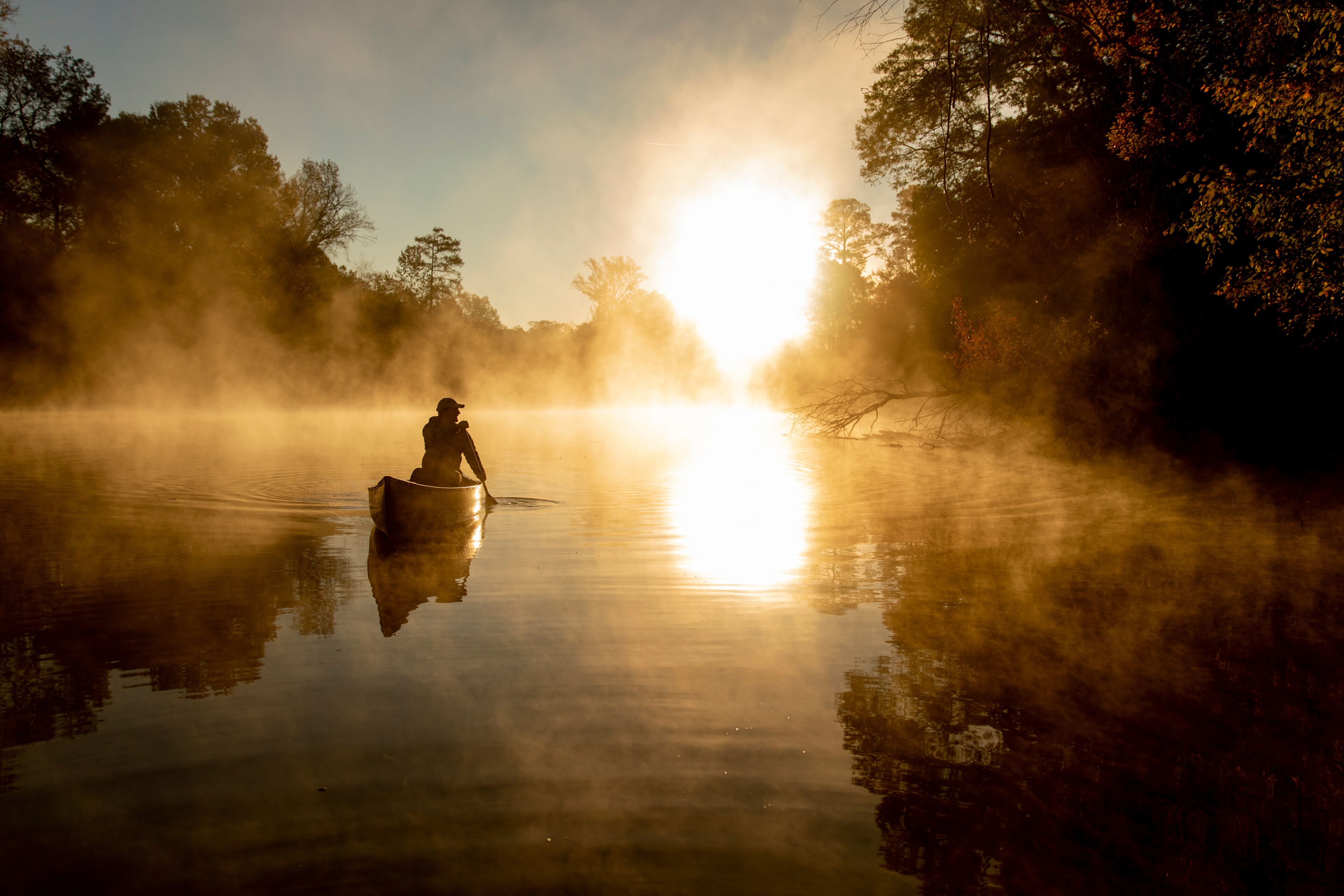 Sunrise canoe ride on foggy river.