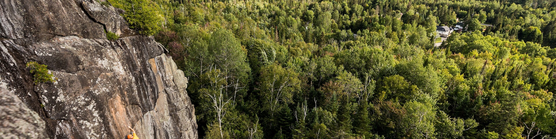A climber on a rock face with a forested valley below.