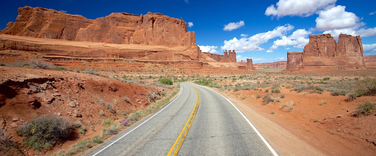 A winding road through a desert landscape with red rock formations and sparse vegetation.