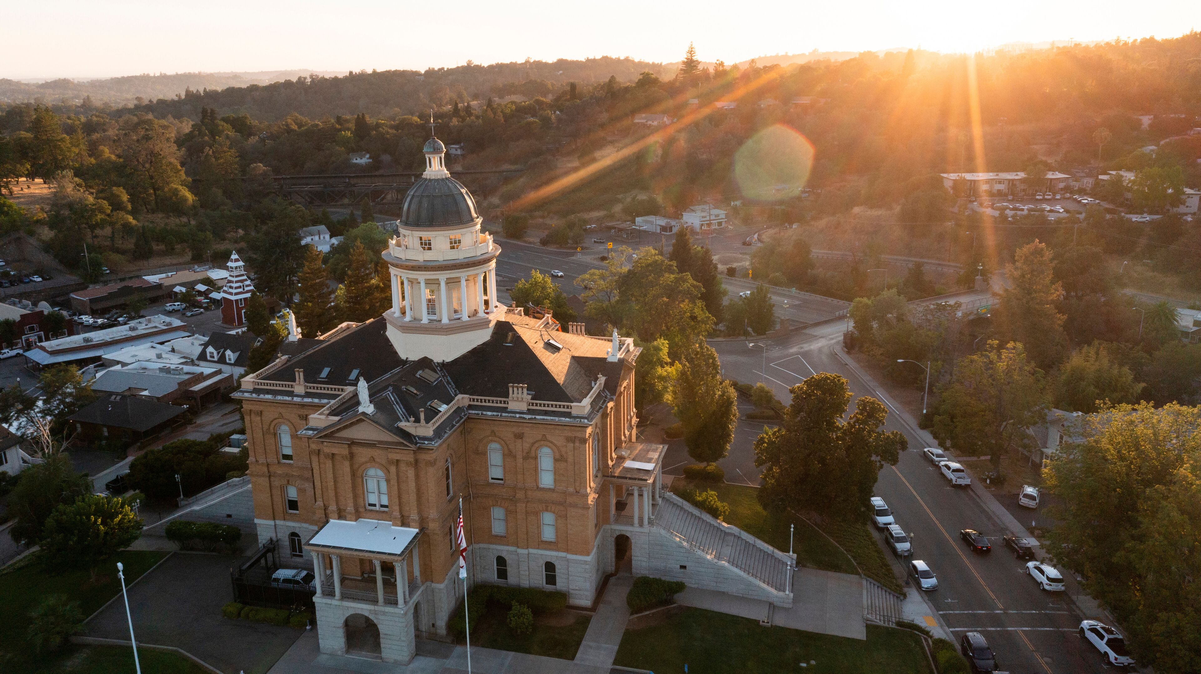 Sunlight shines on the historic 1898 Courthouse in downtown Auburn, California, USA.