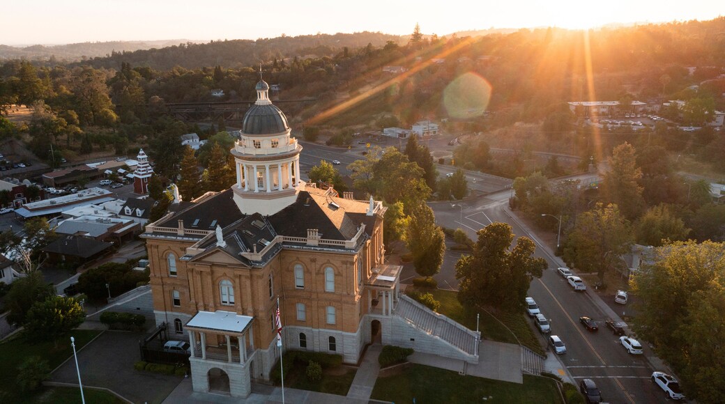 Sunlight shines on the historic 1898 Courthouse in downtown Auburn, California, USA.