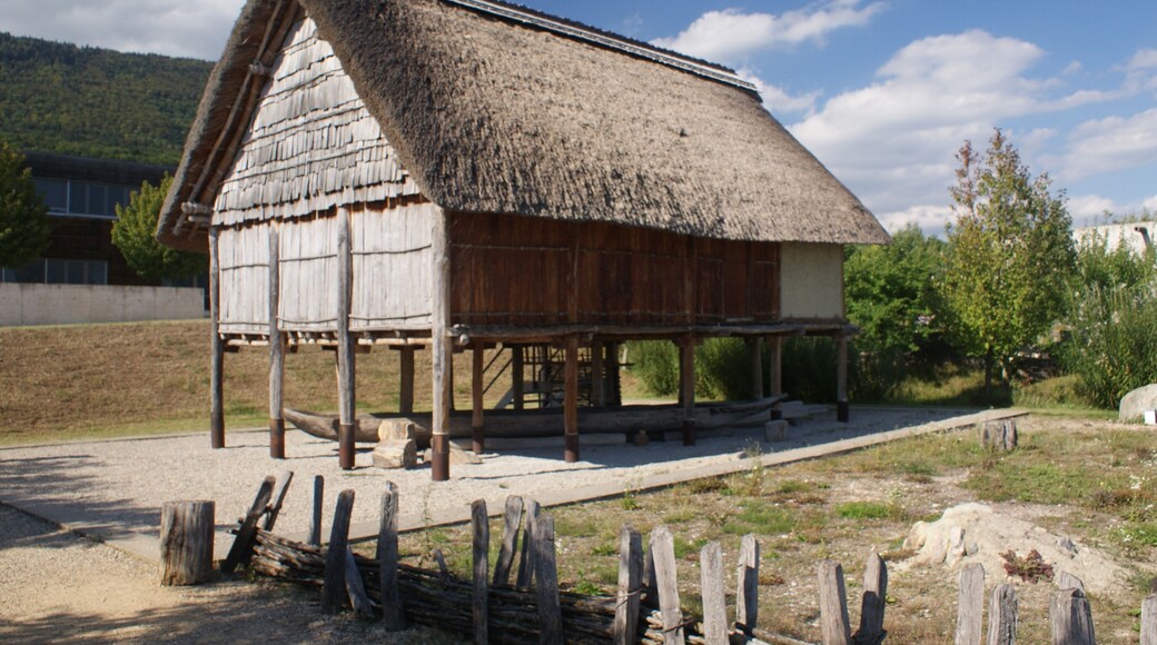 Reconstruction of a neolithic hut in the park of the Laténium museum, in Hauterive, Switzerland