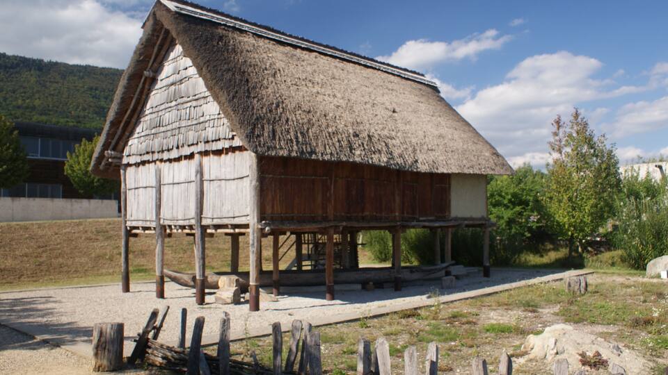 A traditional wooden house with a thatched roof, situated in a rural area with a clear sky and surrounding greenery.
