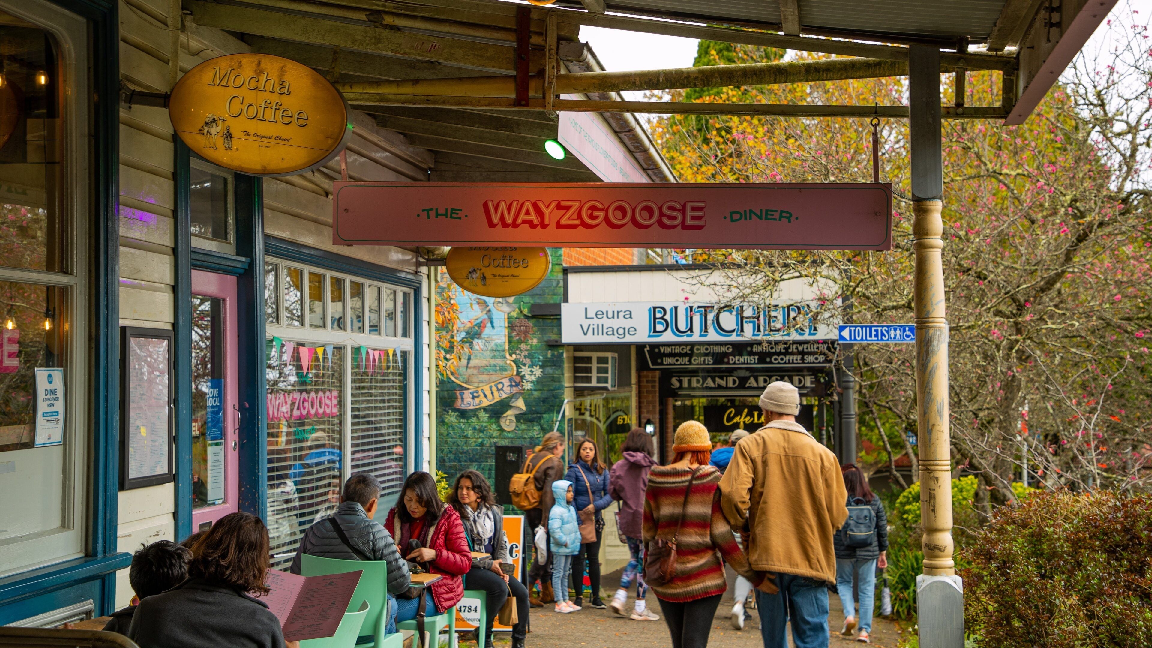 A street scene with a coffee shop named 'The Wayzgoose Diner' and a butcher shop called 'Leura Village Butcher'.