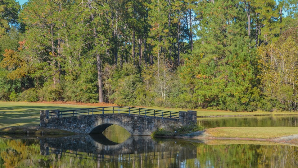 A stone bridge over a calm pond, surrounded by dense trees and a golf course.