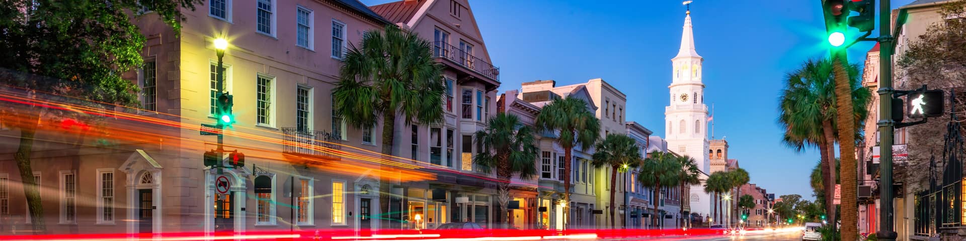 Uban streets in Downtown Charleston, South Carolina, United States. Vibrant sunrise twilight