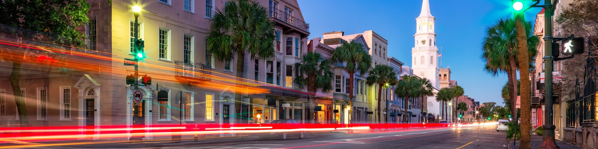 Uban streets in Downtown Charleston, South Carolina, United States. Vibrant sunrise twilight