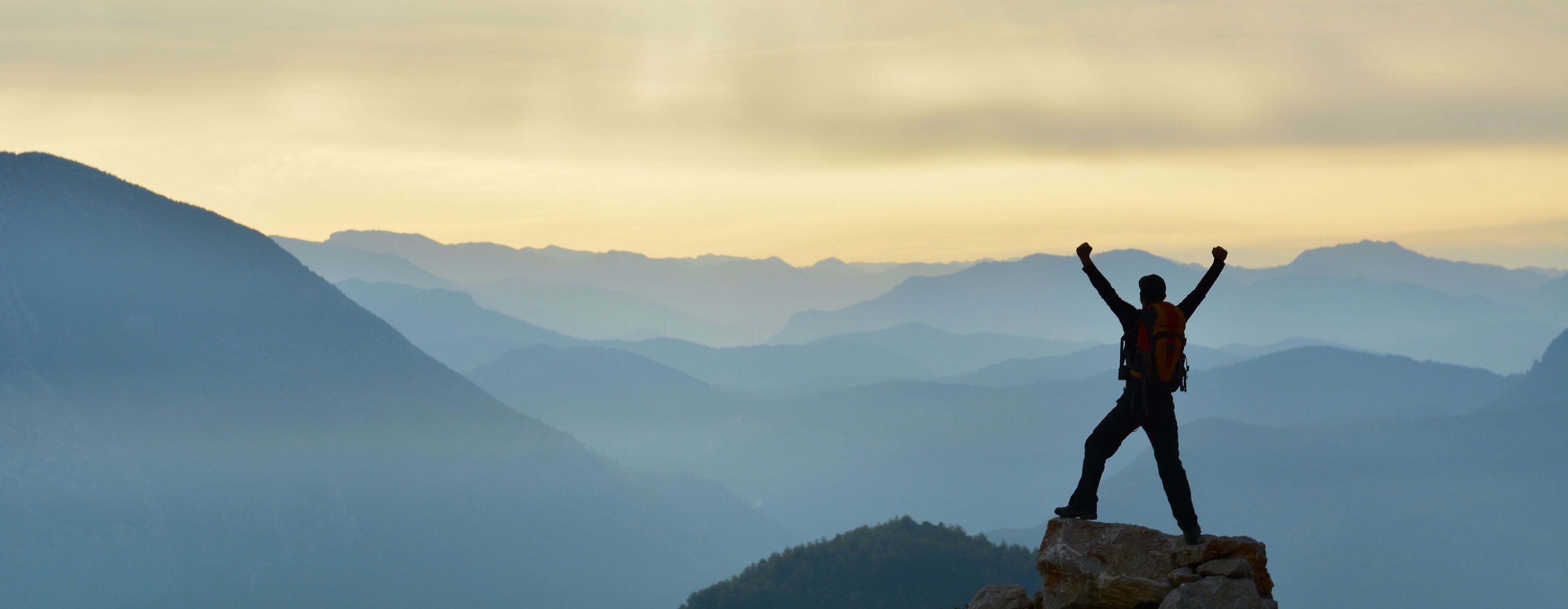 A person standing on a rock with arms raised, surrounded by mountain ranges.