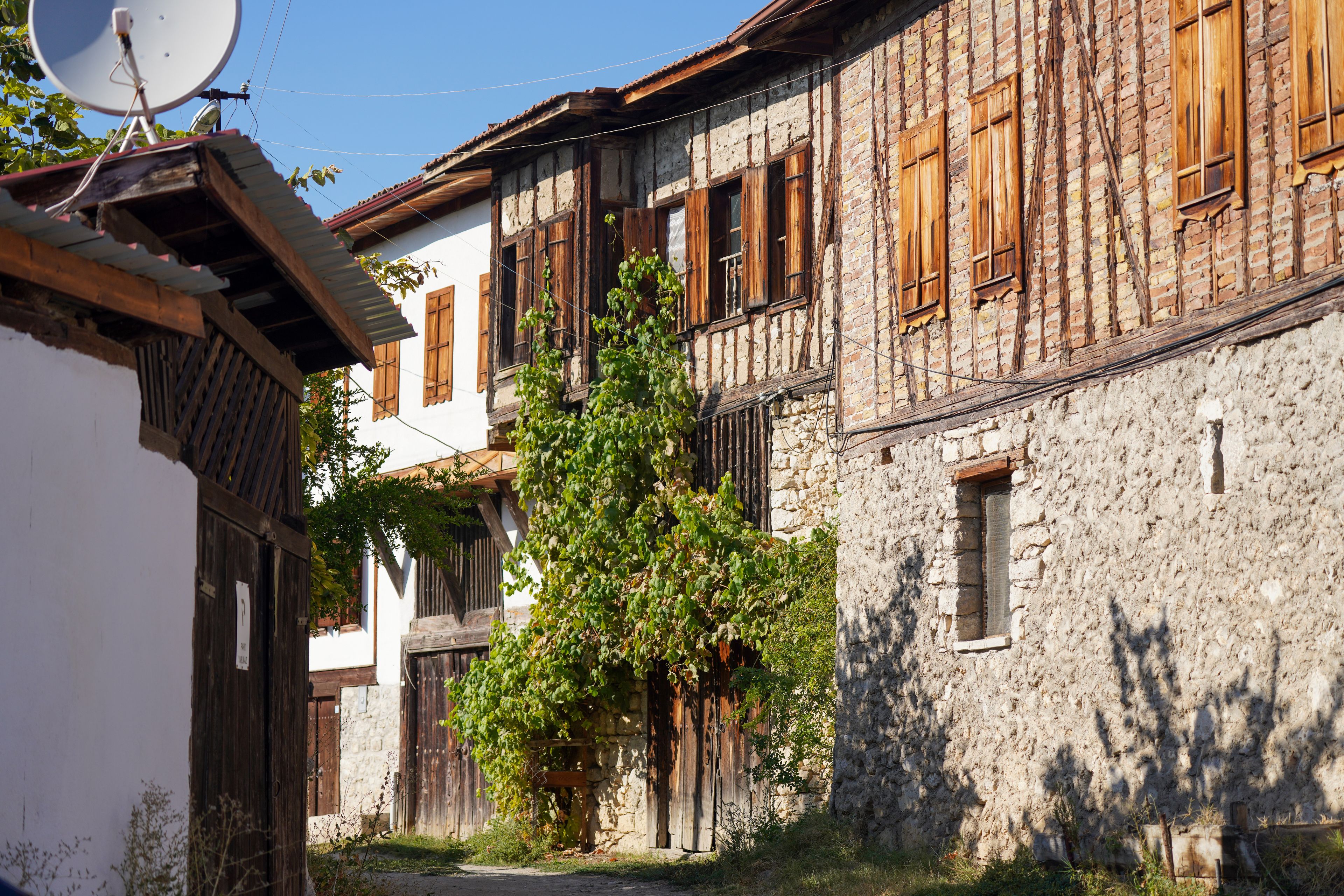 Una stretta via fiancheggiata da edifici tradizionali, un'antenna parabolica e un albero con foglie verdi.