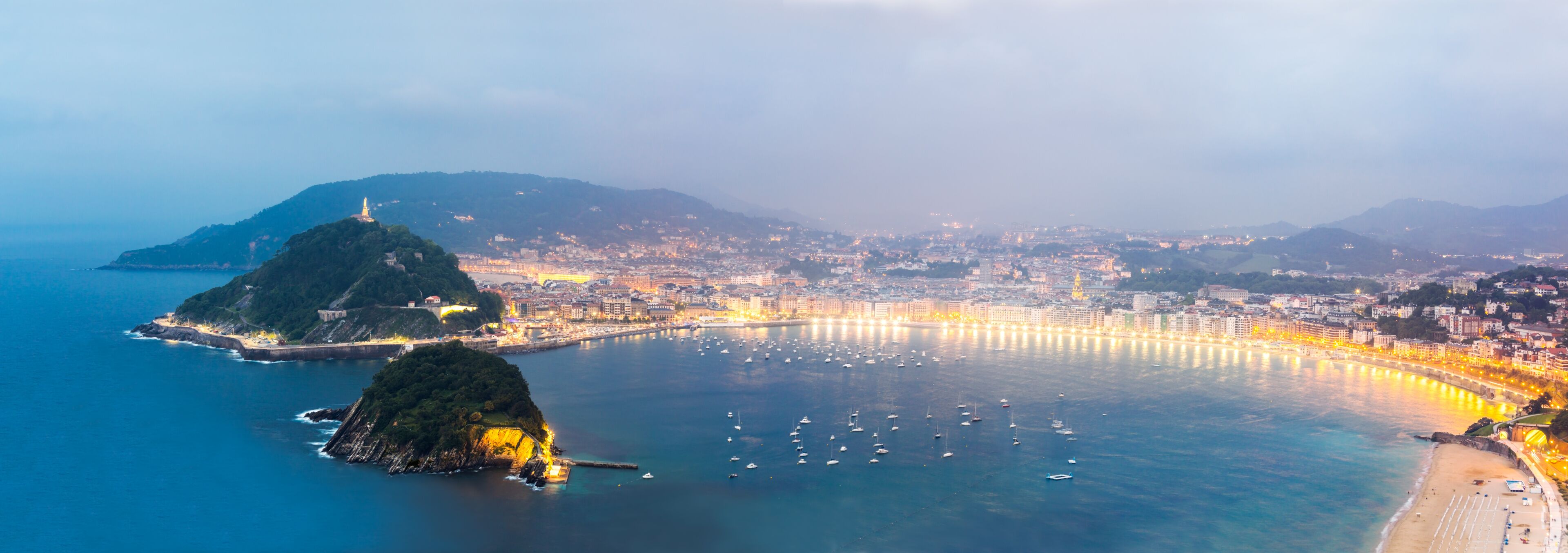 Panoramic cityscape at dusk, San Sebastian, Spain