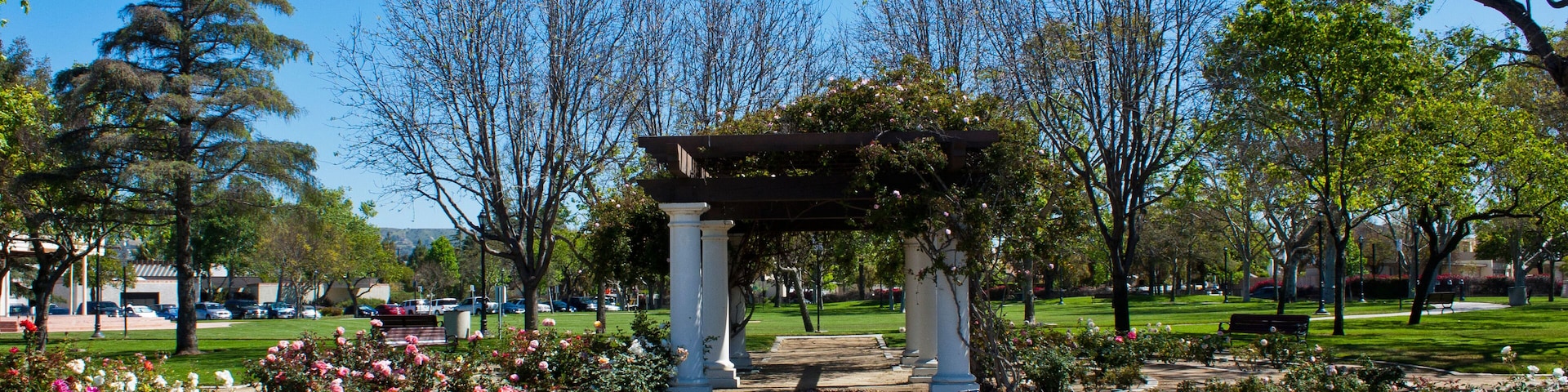 A small rose garden and arbor at the Camarillo California City Hall with a pathway through it.