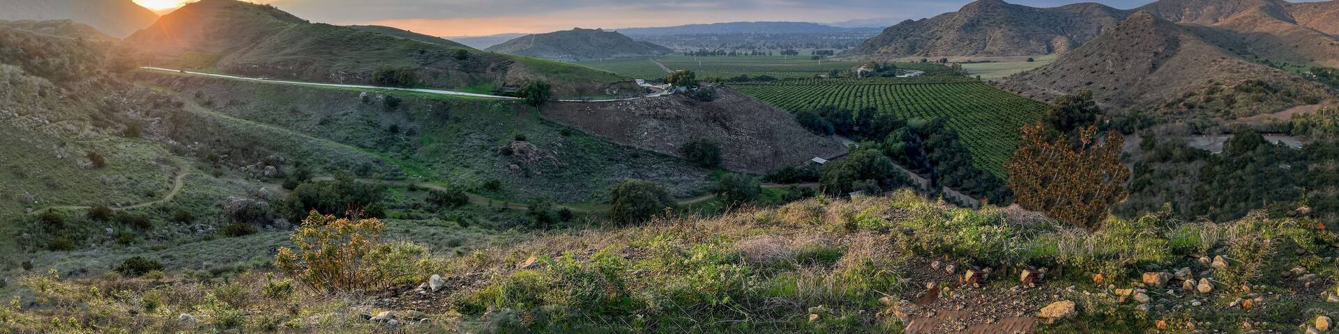 Panorama of hills, mountains, green valleys with citrus orchards and farming fields as the sunsets in southern California countryside
