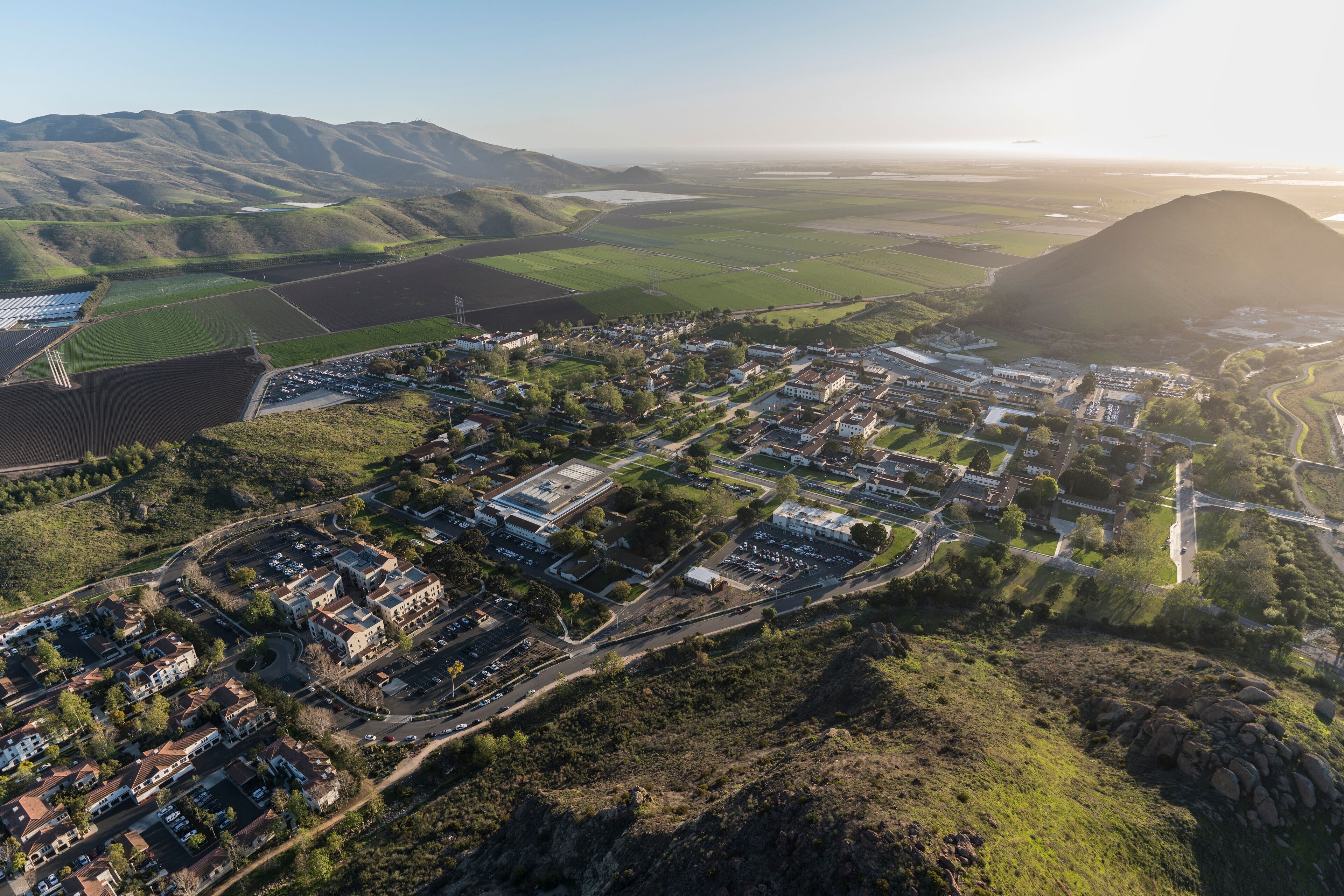 Aerial view of farm fields and California State University Channel Islands campus in Camarillo California.