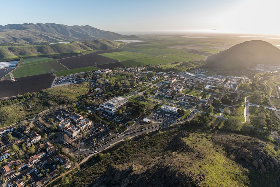Aerial view of farm fields and California State University Channel Islands campus in Camarillo California.