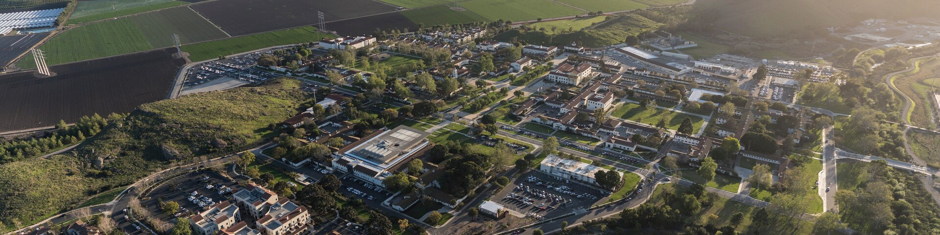 Aerial view of farm fields and California State University Channel Islands campus in Camarillo California.
