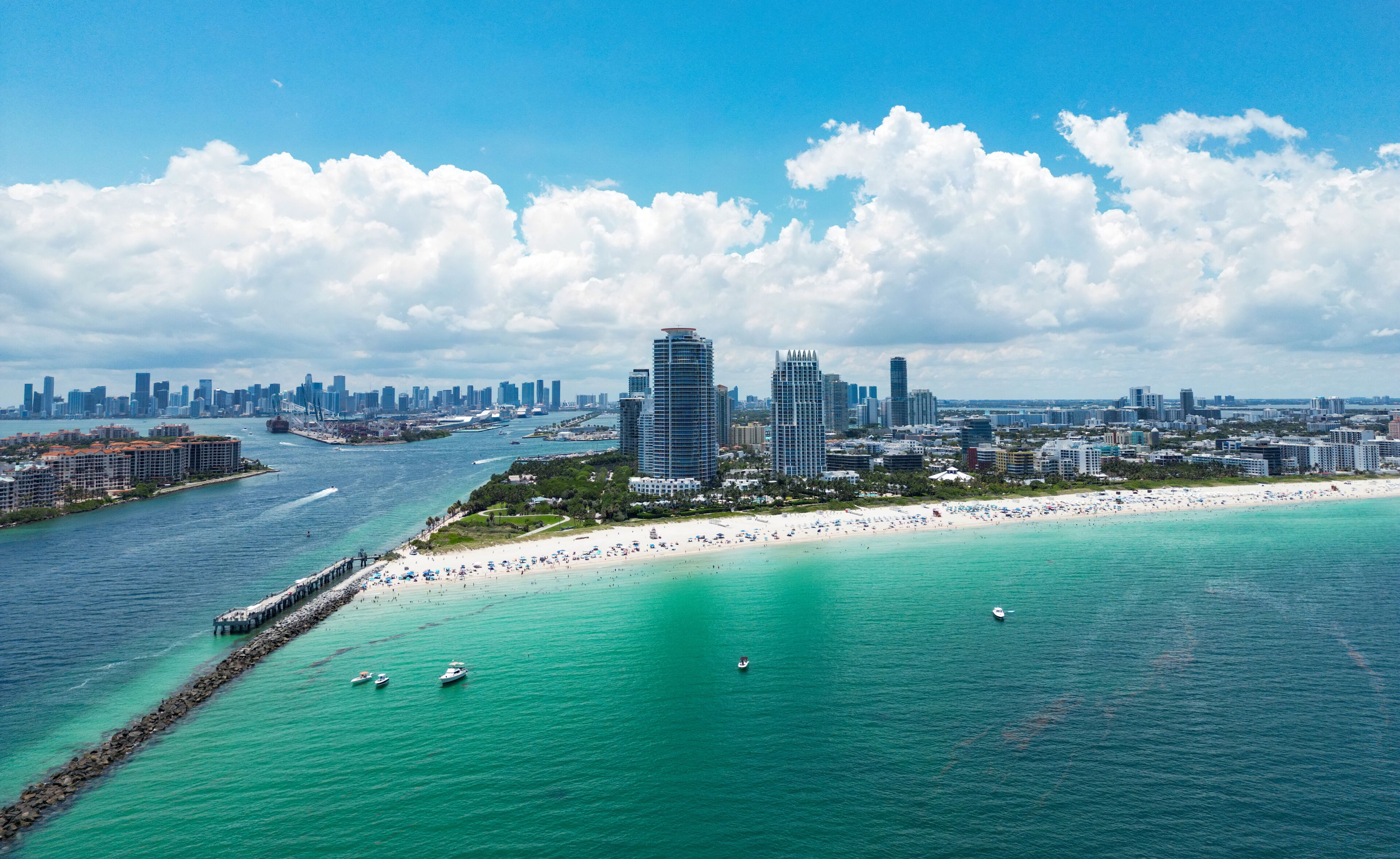Summer in Miami . Miami beach coastline. Panoramic view of Luxury condos in Miami Beach Florida. Aerial View of Surfside Miami Beach.