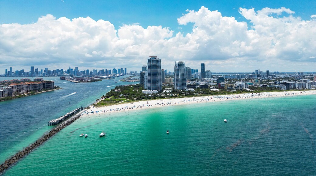 Summer in Miami . Miami beach coastline. Panoramic view of Luxury condos in Miami Beach Florida. Aerial View of Surfside Miami Beach.