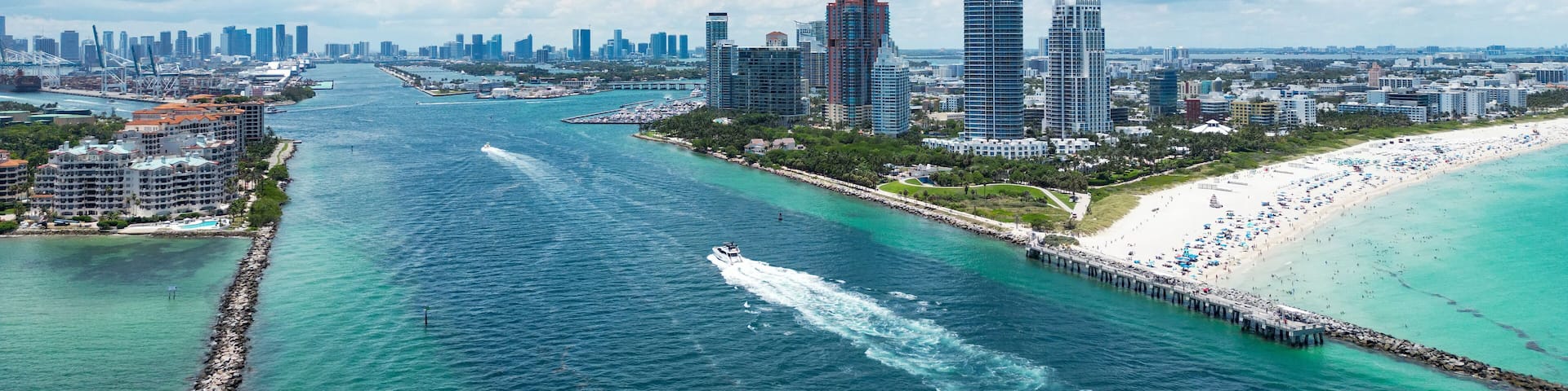 Skyline of Miami Beach from top. Summer in Miami. Panoramic view of Luxury condos in Miami Beach Florida. Aerial View of Surfside Miami Beach.