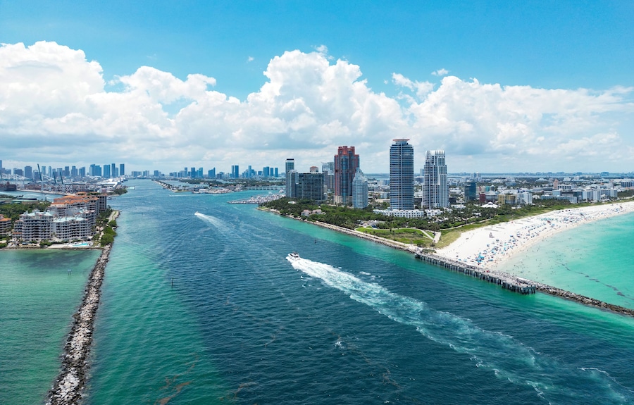 Skyline of Miami Beach from top. Summer in Miami. Panoramic view of Luxury condos in Miami Beach Florida. Aerial View of Surfside Miami Beach.