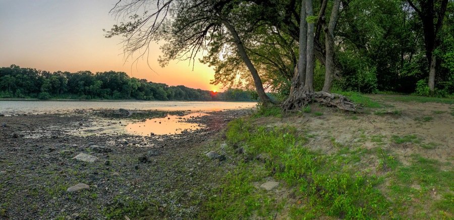 Drought on the Mississippi River near Minneapolis showing climate change effects of lower river water levels