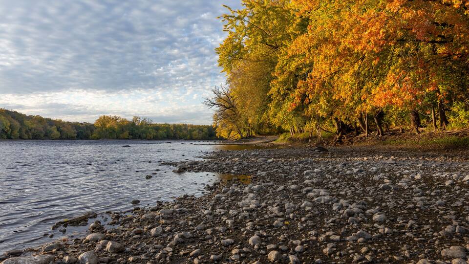 A rocky shoreline with autumn foliage and a calm lake.