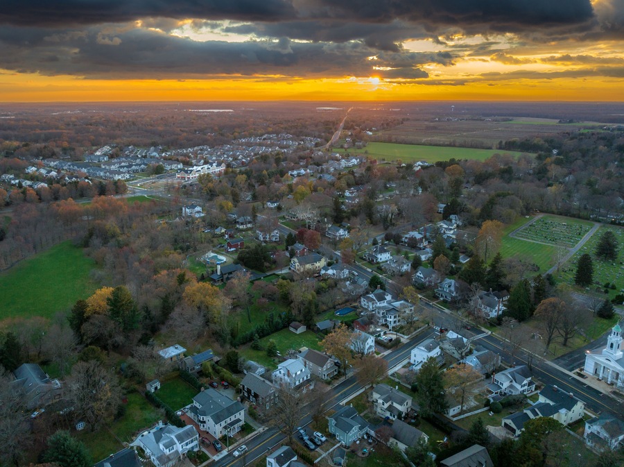 Aerial Drone Sunset in Cranbury New Jersey