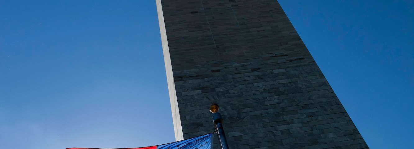 USA flag dark sky and Washington Monument
