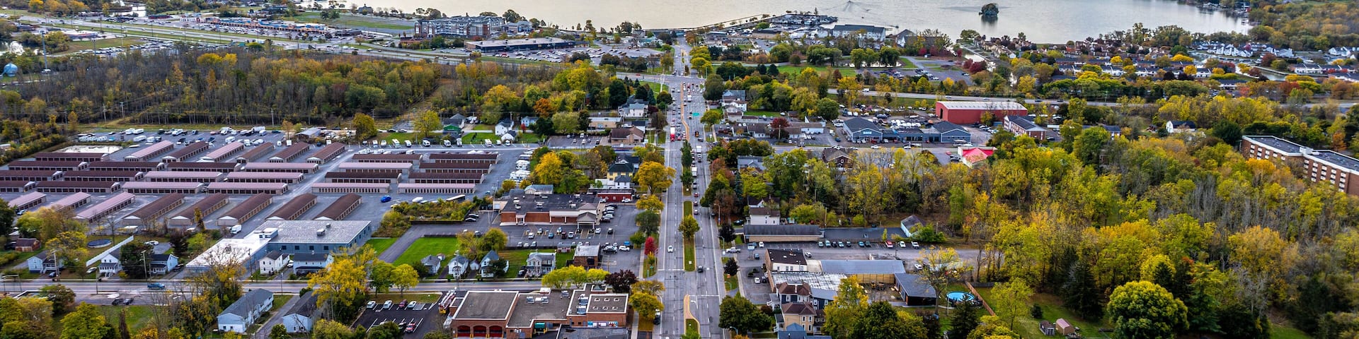 Canandaigua, NY, USA - October 17, 2025: Aerial photo over Rochester Street Downtown Canandaigua New York