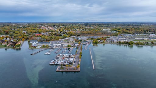 Canandaigua, NY, USA - October 17, 2025: Aerial photo over Canandaigua City Pier, Downtown Canandaigua New York