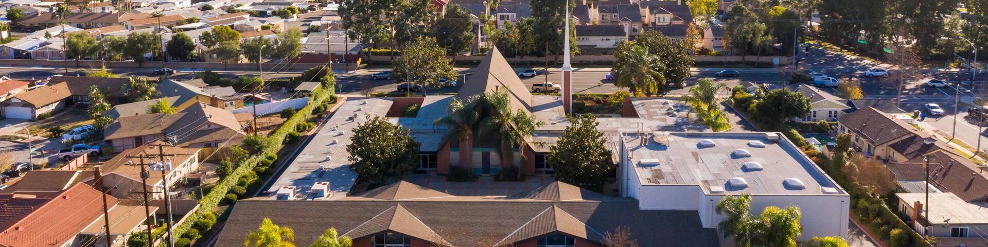 Day time aerial view of a suburban residential area in Brea, California, USA.