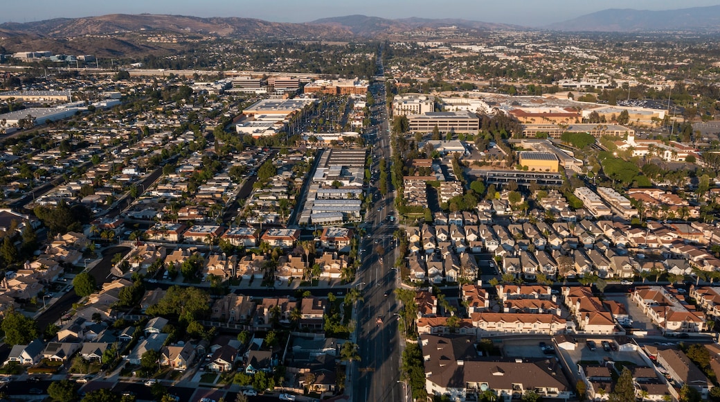 Sunset aerial view of the downtown urban core of Brea, California, USA.