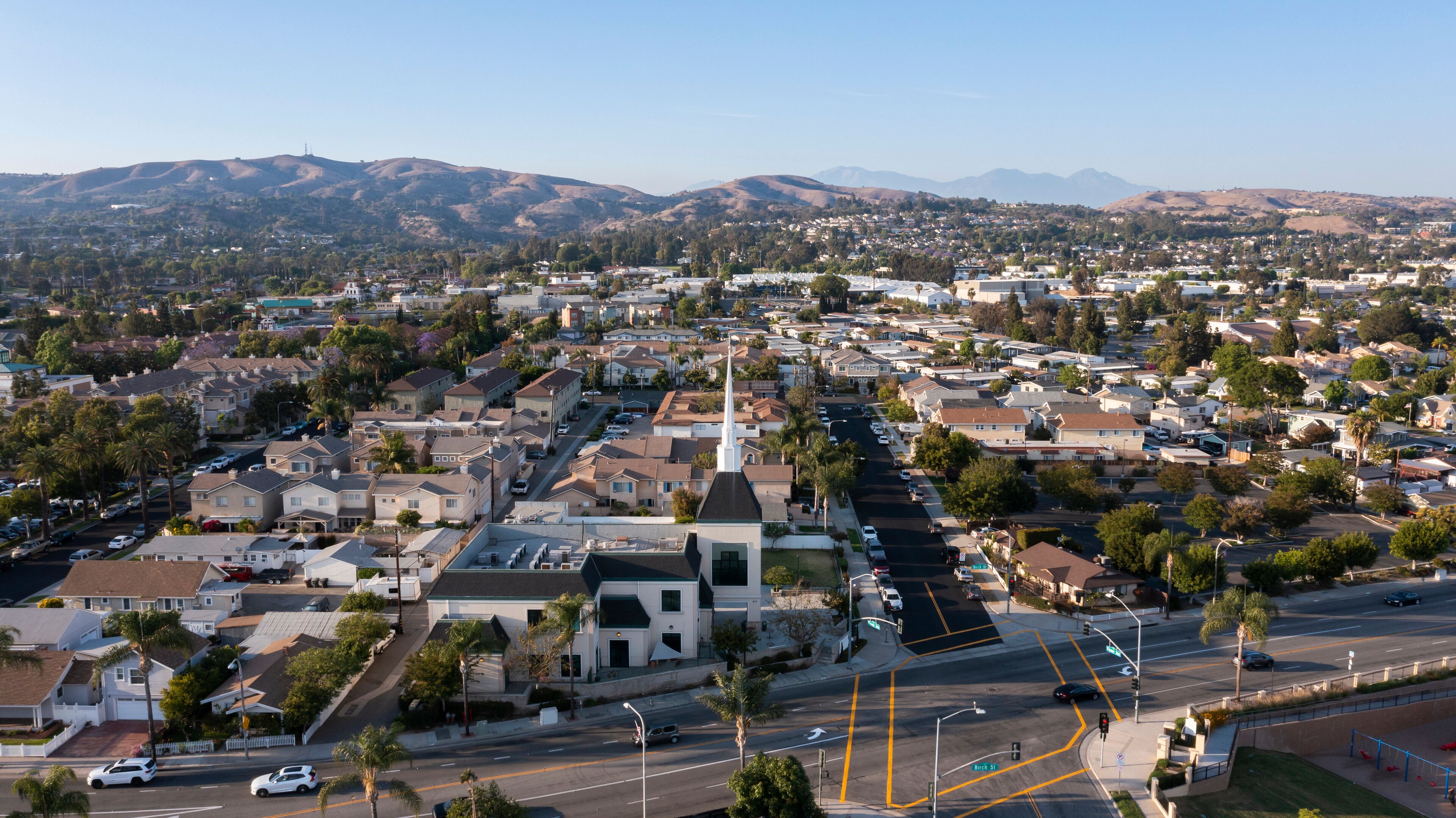 Sunset aerial view of the downtown urban core of Brea, California, USA.