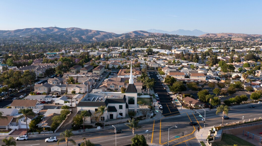 Sunset aerial view of the downtown urban core of Brea, California, USA.