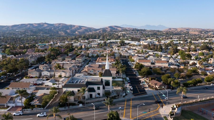 Sunset aerial view of the downtown urban core of Brea, California, USA.