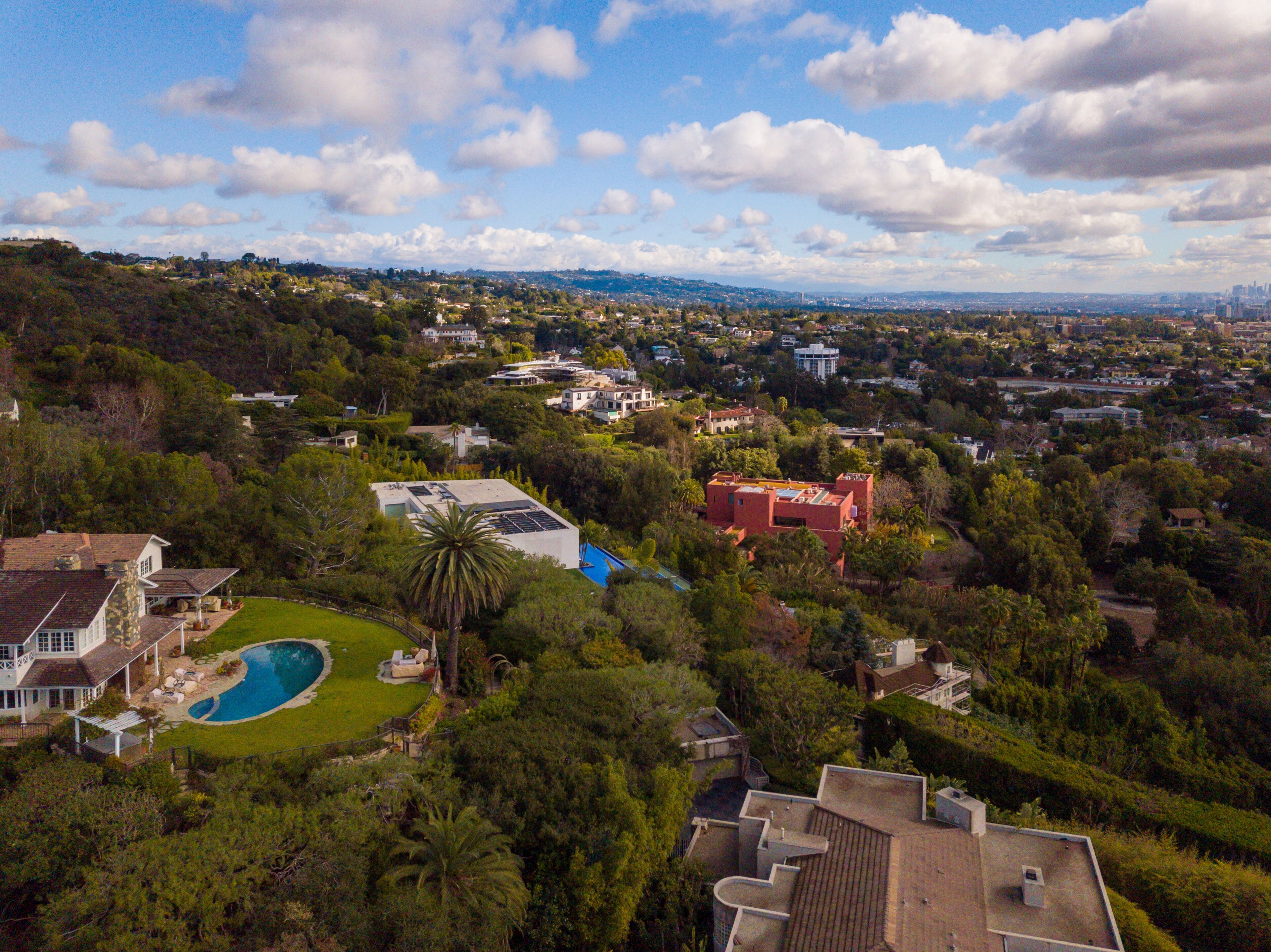 Aerial views of the large homes and mansions, in the affluent Brentwood neighborhood in Los Angeles.