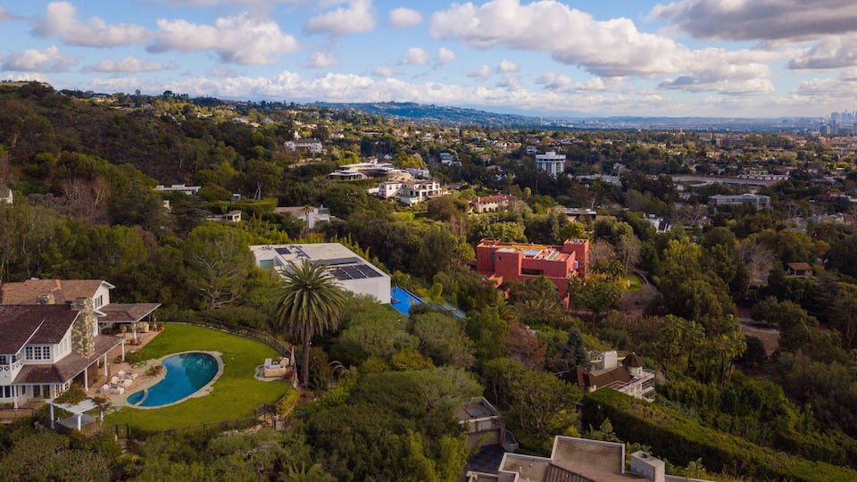 Aerial views of the large homes and mansions, in the affluent Brentwood neighborhood in Los Angeles.