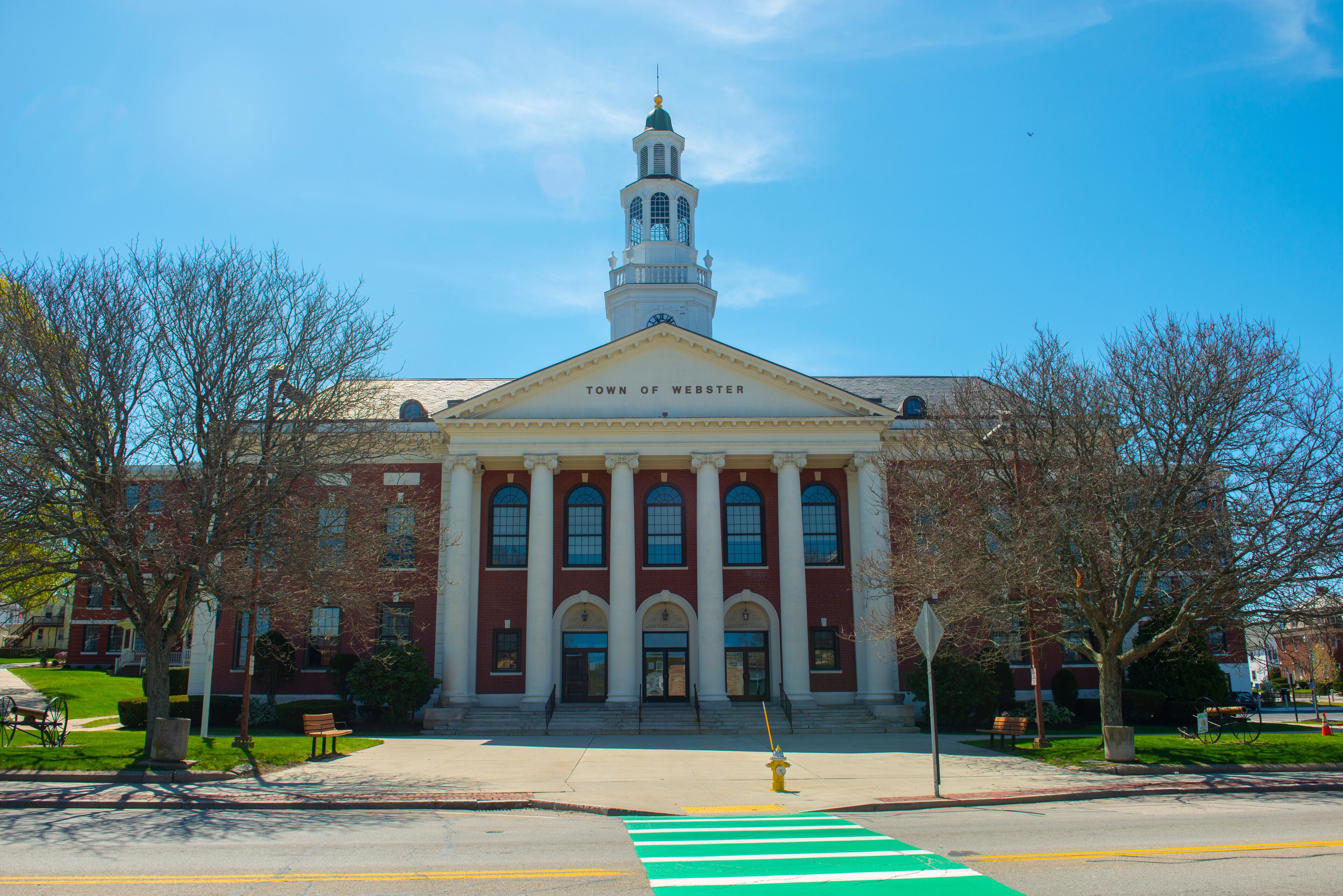 Webster Town Hall at 350 Main Street in historic town center of Webster, Massachusetts MA, USA. 