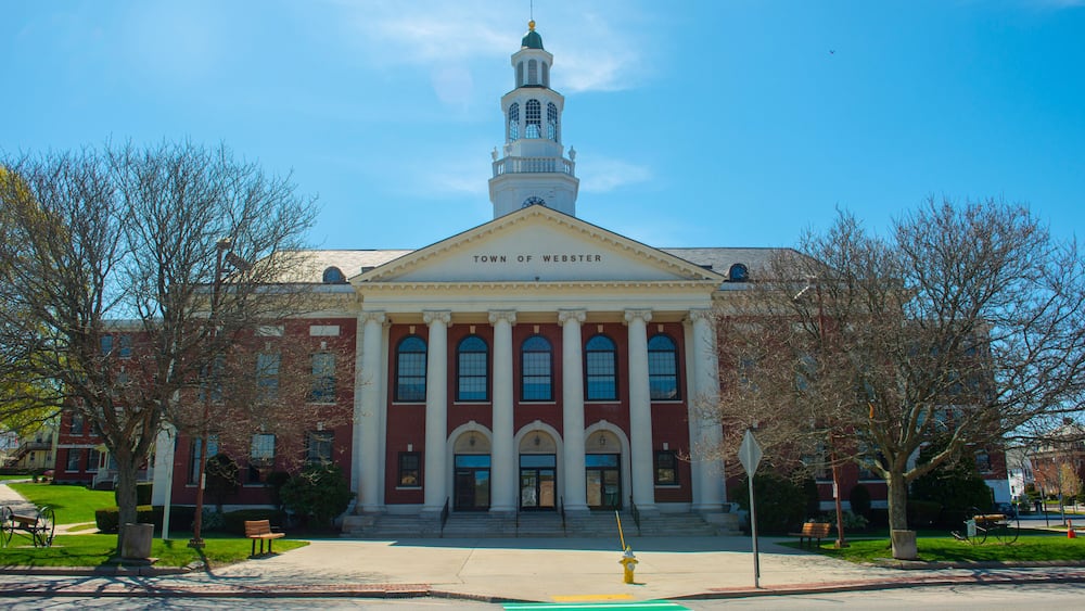 Webster Town Hall at 350 Main Street in historic town center of Webster, Massachusetts MA, USA.