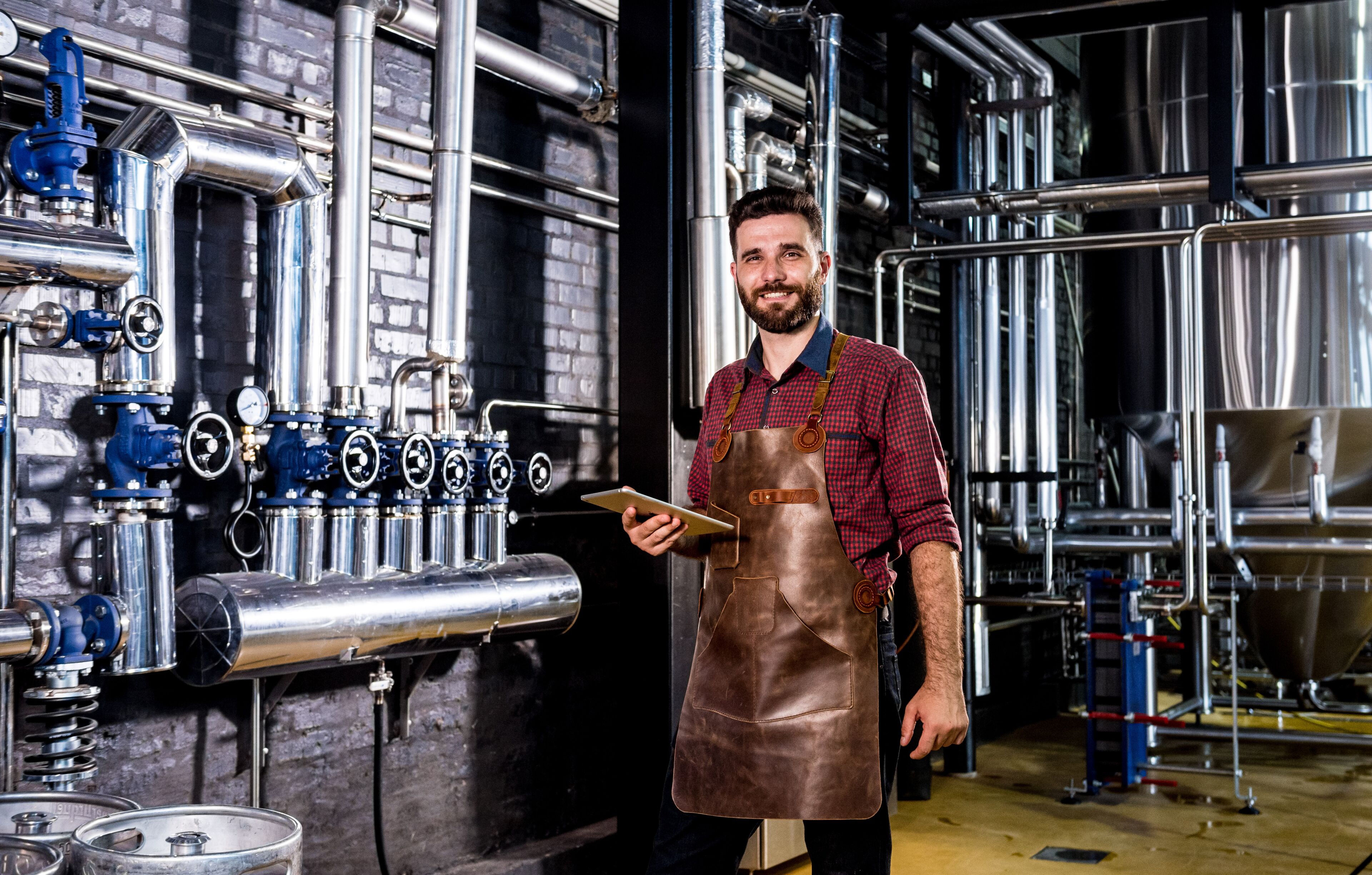 Young male brewer in leather apron supervising the process of beer fermentation at modern brewery factory