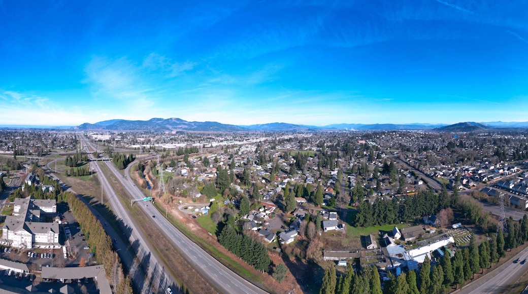 Aerial panoramic view of Springfield, Oregon looking East from Eugene at Interstate 5