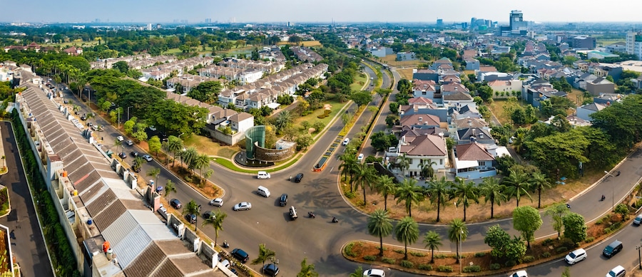 Tangerang, Indonesia - 6th Sep 2019: Aerial or bird eye view of Pondok Hijau Golf cluster in Gading Serpong, Tangerang It is a luxury residential area. with high property development and investment.
