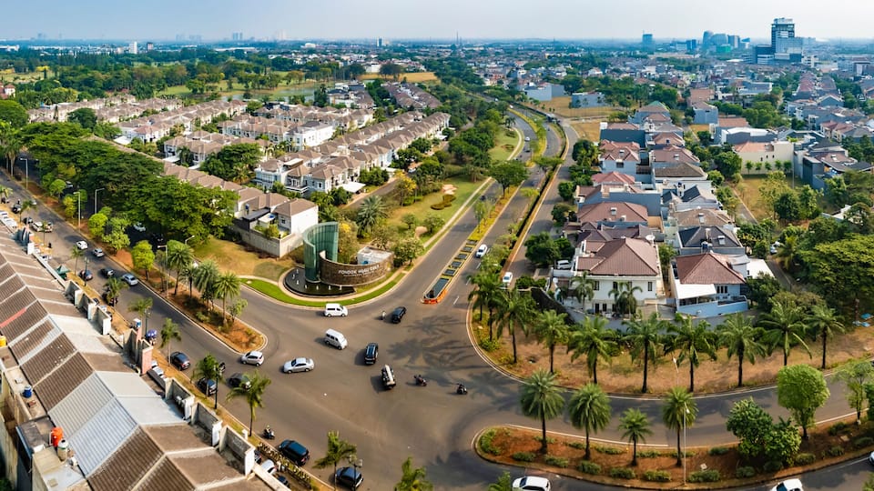 Tangerang, Indonesia - 6th Sep 2019: Aerial or bird eye view of Pondok Hijau Golf cluster in Gading Serpong, Tangerang It is a luxury residential area. with high property development and investment.