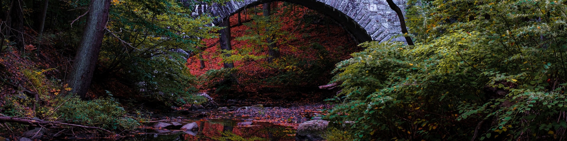 Stone bridge in Rockefeller State Park over the Pocantico River in autumn