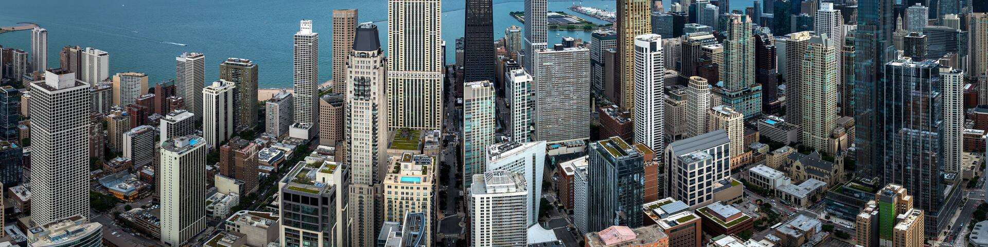 Aerial View of the Chicago Skyline with Lake Michigan. September 24, 2023.