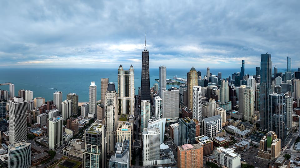 Aerial View of the Chicago Skyline with Lake Michigan. September 24, 2023.