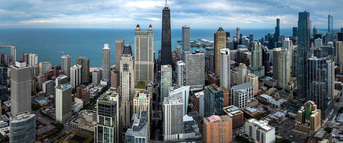 Aerial View of the Chicago Skyline with Lake Michigan. September 24, 2023.