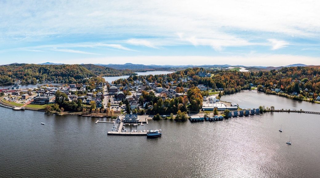 Aerial view of the city of Newport in Vermont from above the lake with autumn colors and leaves