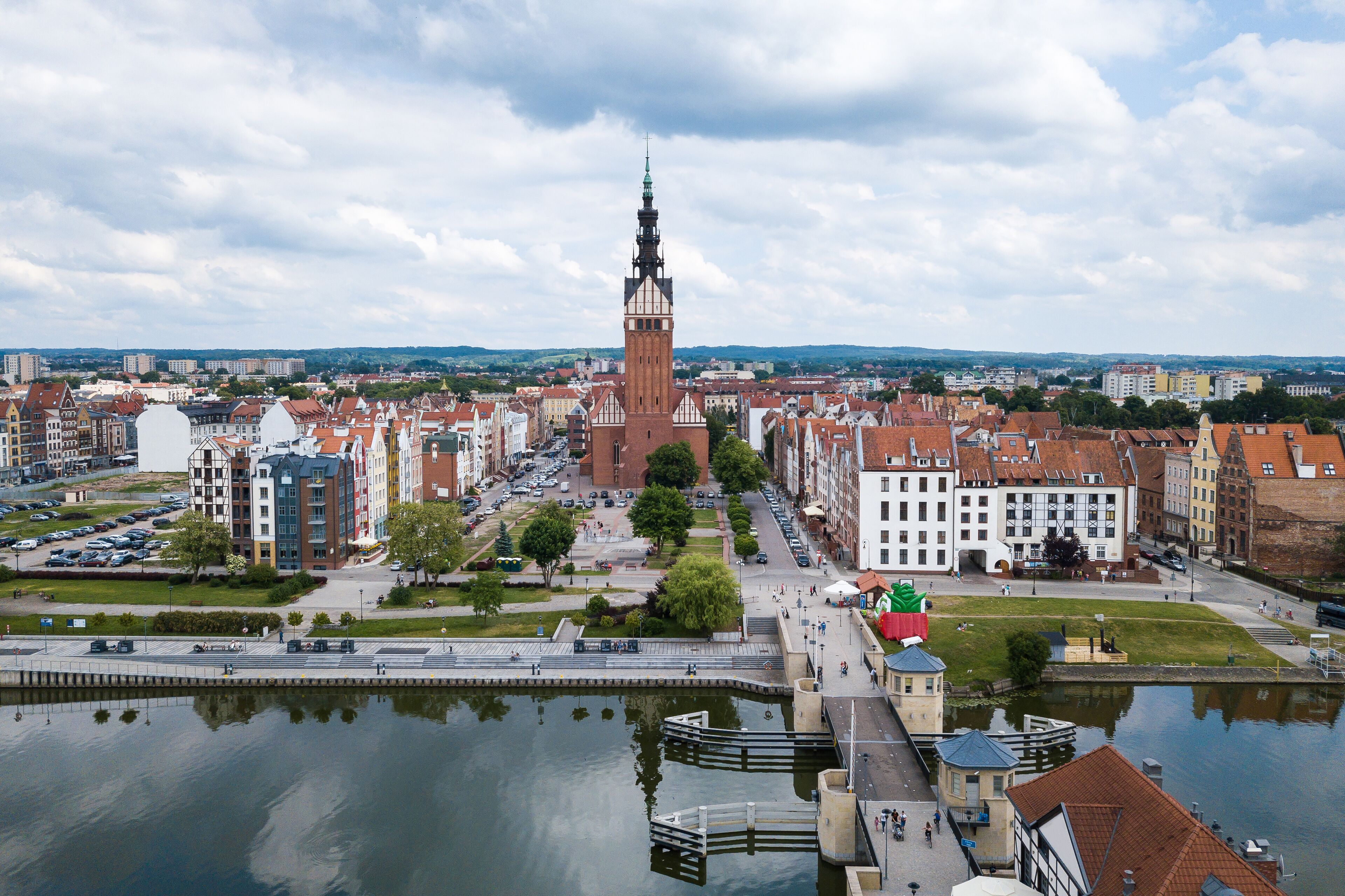 Aerial: Old town of Elblag, Poland