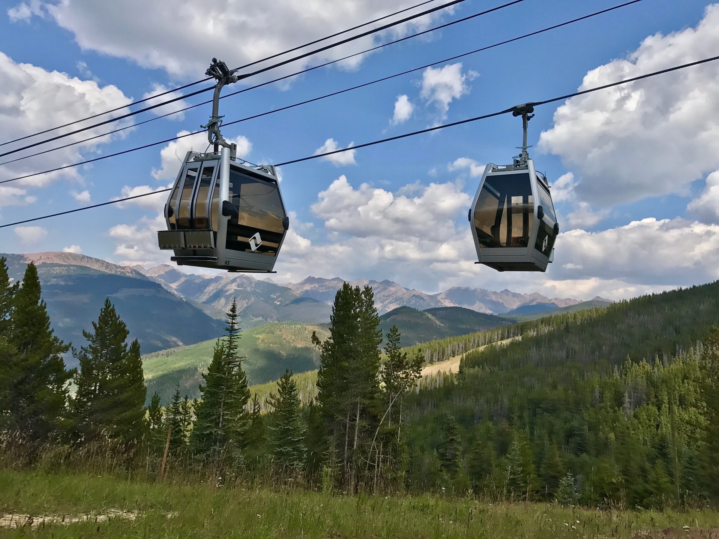 Two cable cars suspended over a mountainous landscape with dense forests below.