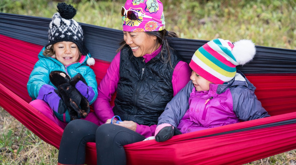 Mother and two young daughters relaxing in a camping hammock while backpacking in the Gore Range, Colorado.